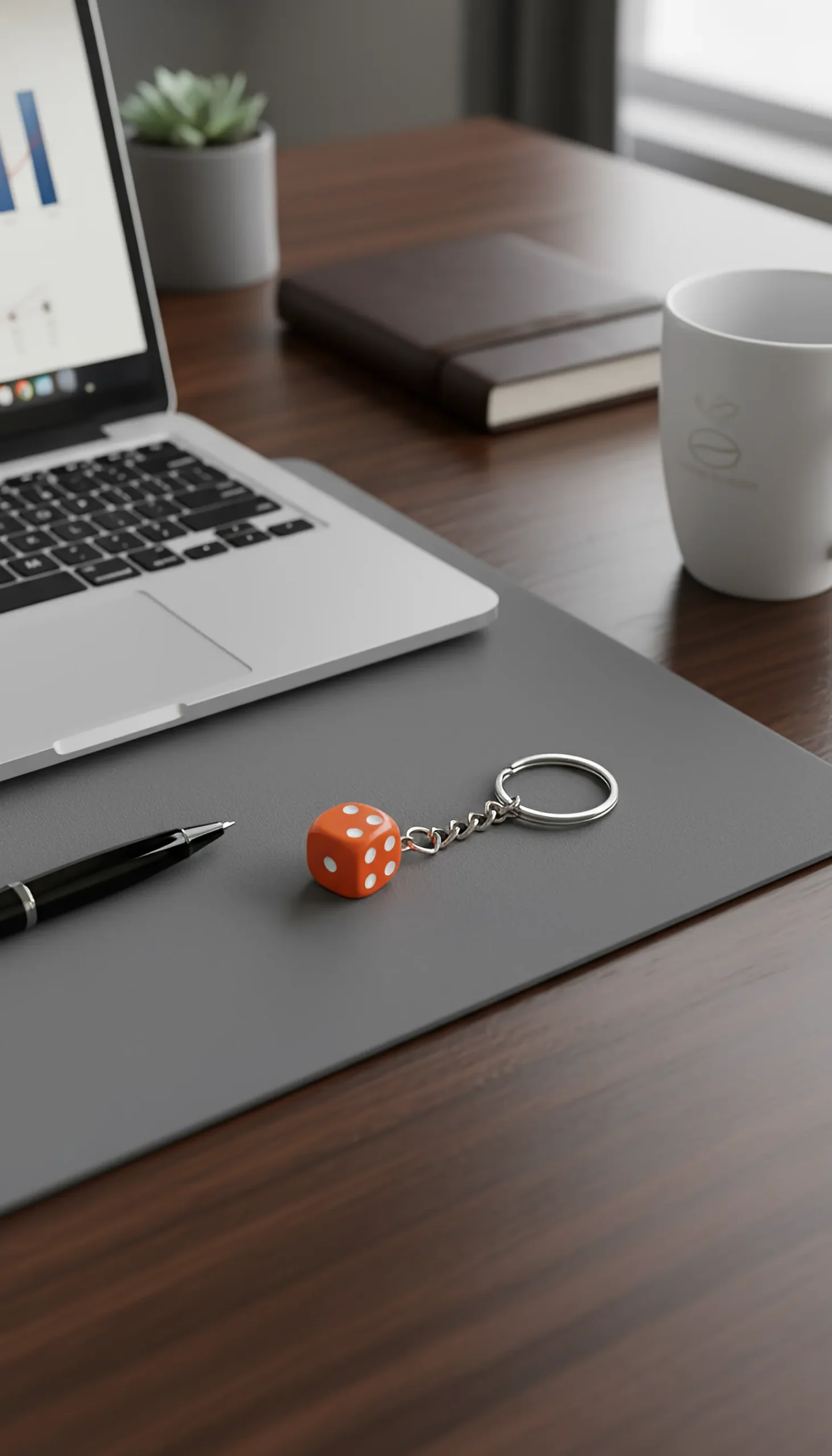 dice-keychain-laptop-computer-sitting-on-a-desk-with-a-keychain-and-a-pen