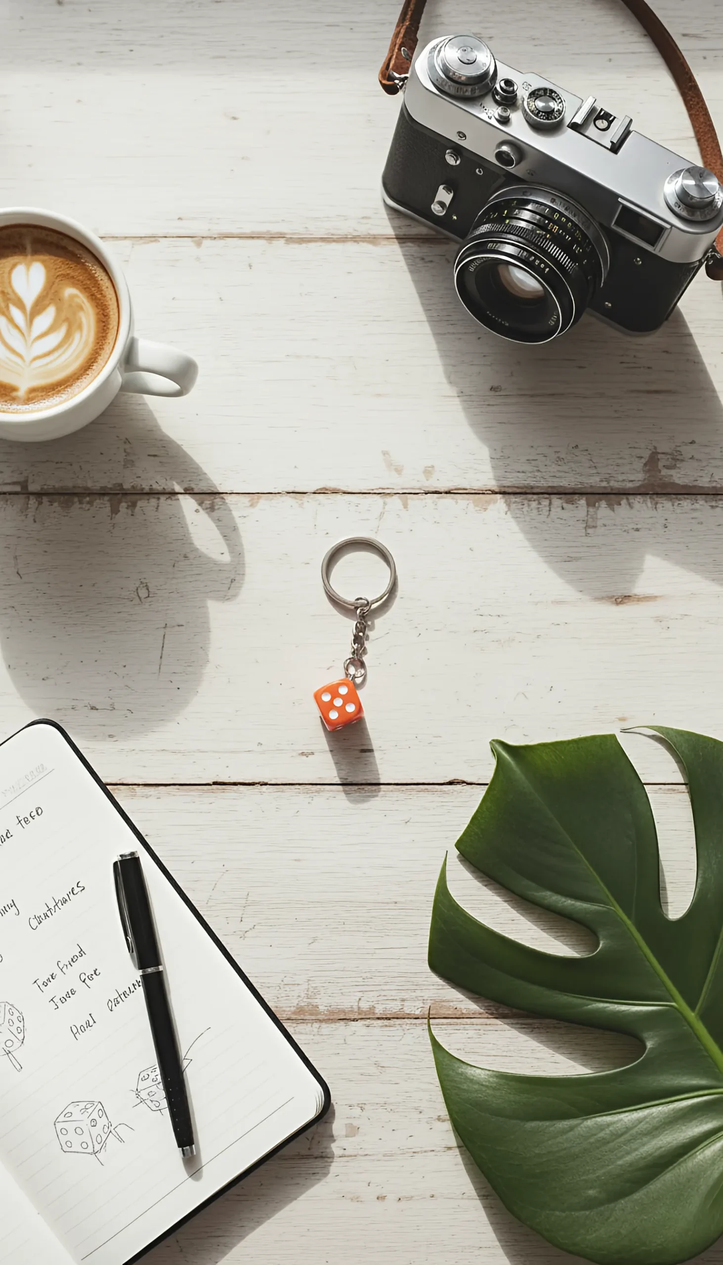 dice-keychain-there-is-a-notepad,-pen,-camera,-and-a-cup-of-coffee-on-a-table