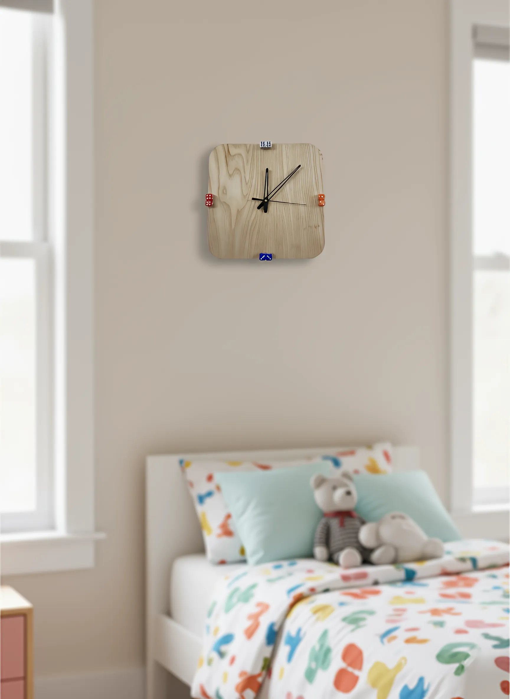 dice-wall-clock-there-is-a-clock-on-the-wall-above-a-bed-in-a-bedroom-1