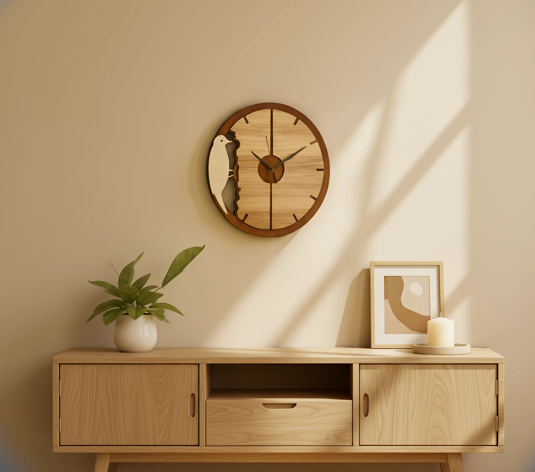 woodpecker-wall-clock-there-is-a-clock-on-the-wall-above-a-wooden-cabinet