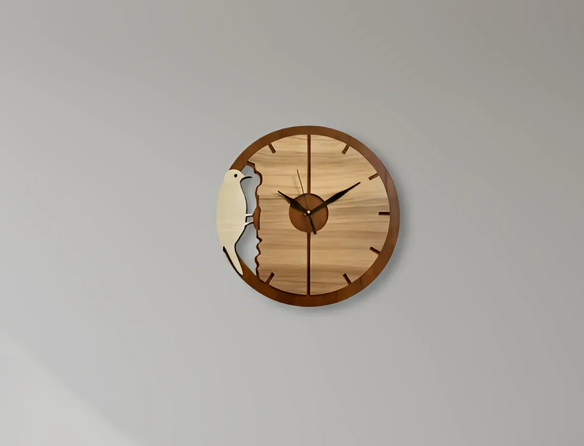 woodpecker-wall-clock-there-is-a-clock-on-the-wall-above-a-wooden-entertainment-center