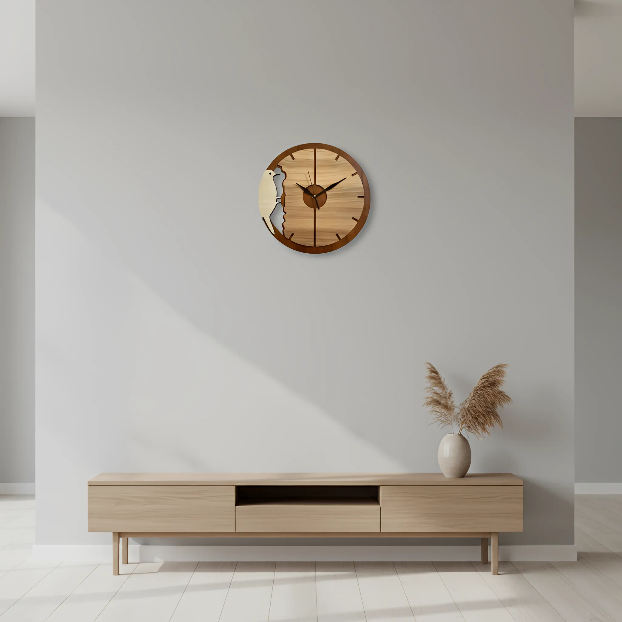 Tavistra woodpecker clock in a rustic living room