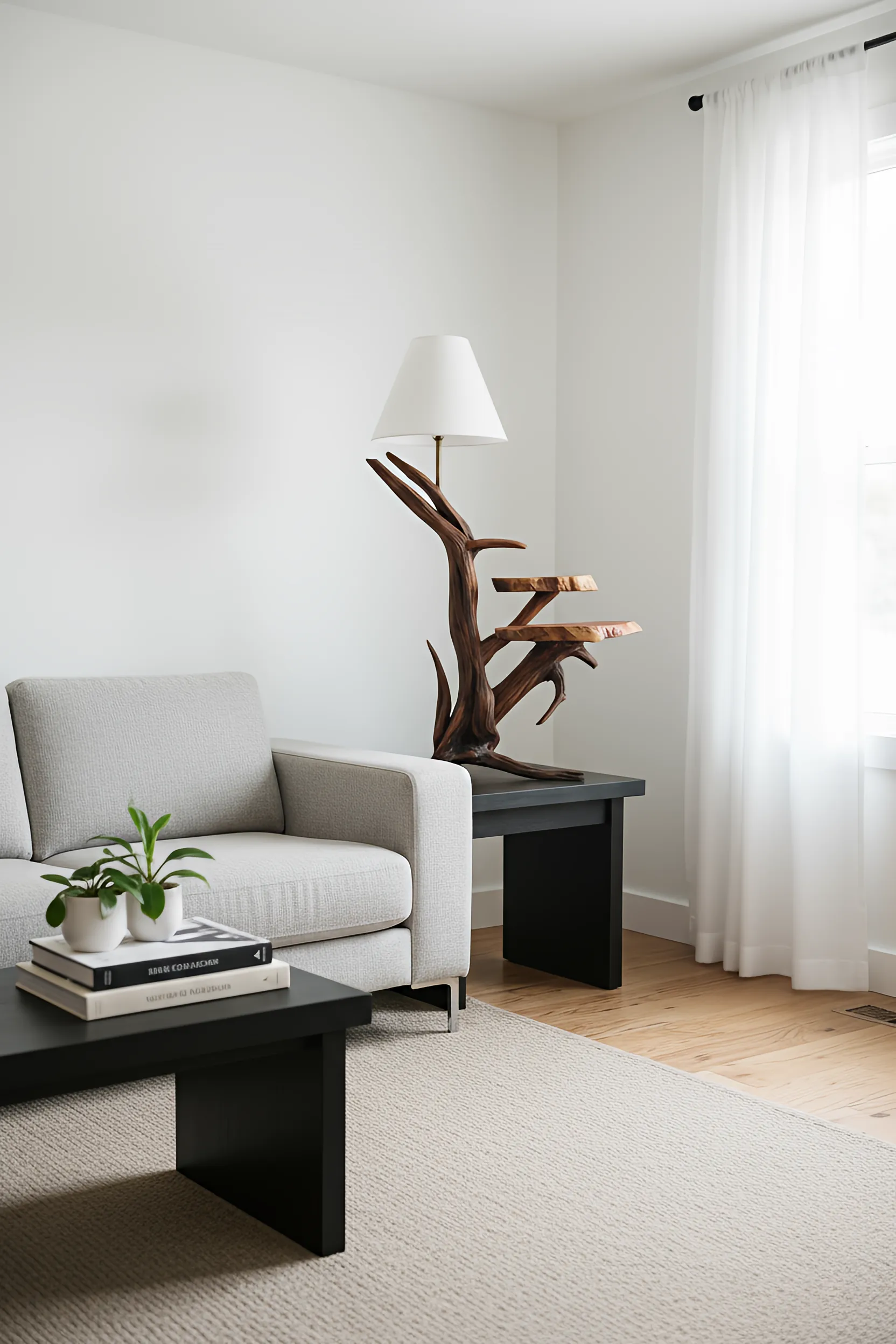 handcrafted-wooden-floor-lamp-with-shelves-there-is-a-couch-and-a-table-in-a-room