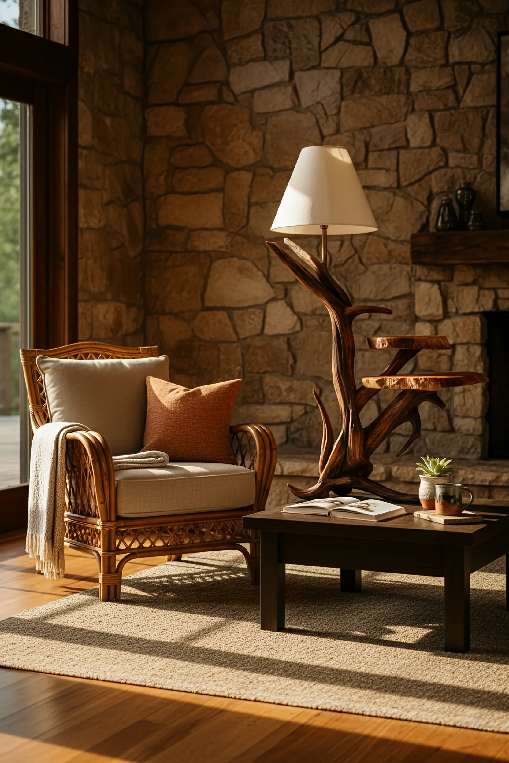 Handcrafted wooden lamp with shelves in a home setting